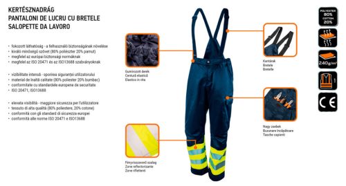 Kantáros munkanadrág, lélegző, 240gsm, polyester+pamut, tengerészkék, fényvisszaverő csíkokkal, s