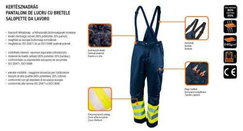 Kantáros munkanadrág, lélegző, 240gsm, polyester+pamut, tengerészkék, fényvisszaverő csíkokkal, s
