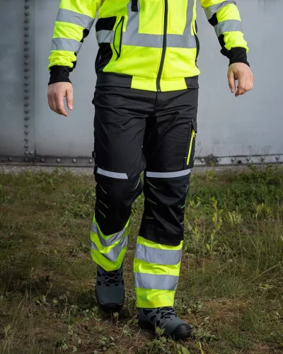 Láthatósági munkásnadrág, Mix&Match, 1. oszt., 240g/m2, külső zsebek, profilozott térdbetétek, fekete-sárga, L