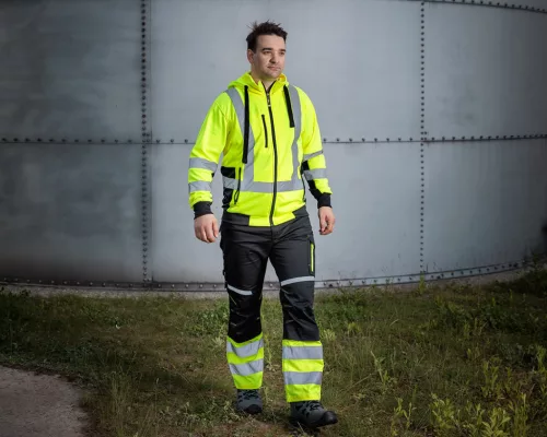 Láthatósági munkásnadrág, Mix&Match, 1. oszt., 240g/m2, külső zsebek, profilozott térdbetétek, fekete-sárga, S