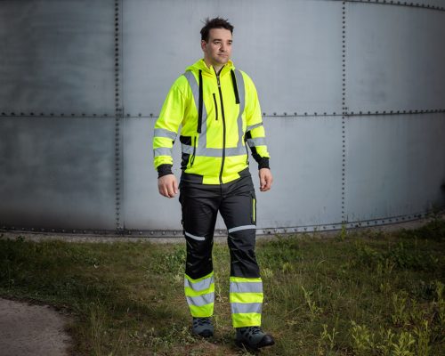 Láthatósági munkásnadrág, Mix&Match, 1. oszt., 240g/m2, külső zsebek, profilozott térdbetétek, fekete-sárga, XL