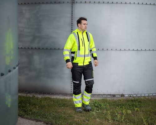 Láthatósági munkásnadrág, Mix&Match, 1. oszt., 240g/m2, külső zsebek, profilozott térdbetétek, fekete-sárga, XL