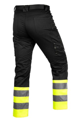 Láthatósági munkásnadrág, Mix&Match, 1. oszt., 240g/m2, külső zsebek, profilozott térdbetétek, fekete-sárga, XL
