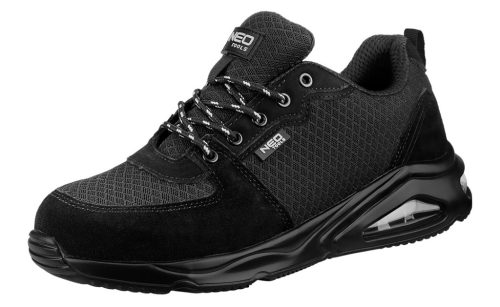 Munkavédelmi cipő, O1 SR, fekete textil-bőr, neo air, légpárnás, fémmentes, csúszásgátlós talpfelülettel, 41