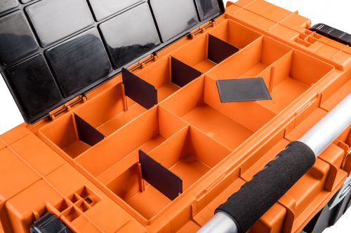 Szerszámkocsi, kerekekkel, 680x400x355mm, szortimenterrel, teleszkópos nyéllel