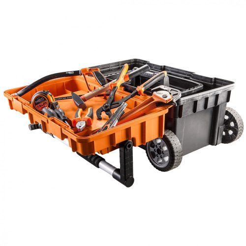 Szerszámkocsi, kerekekkel, 680x400x355mm, szortimenterrel, teleszkópos nyéllel