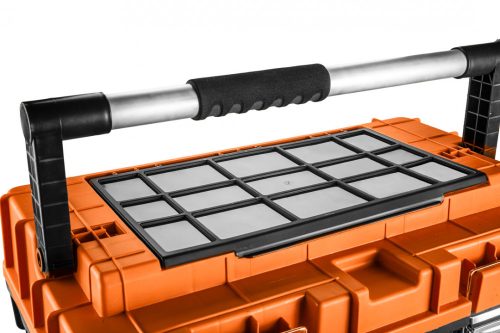 Szerszámkocsi, kerekekkel, 680x400x355mm, szortimenterrel, teleszkópos nyéllel