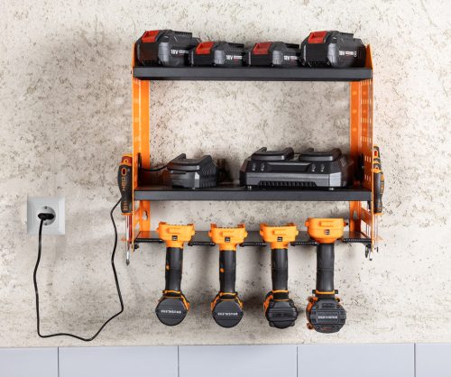 Fali polc akkus gépekhez, akku és töltőtároló polcokkal