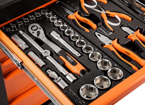 Műhelykocsi, 5 fiókos, 117db szerszámmal, 680x460x825mm, szerszámkocsi