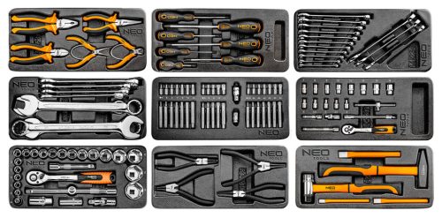 Műhelykocsi, 7 fiókos, 129db szerszámmal, 680x460x1030mm, szerszámkocsi