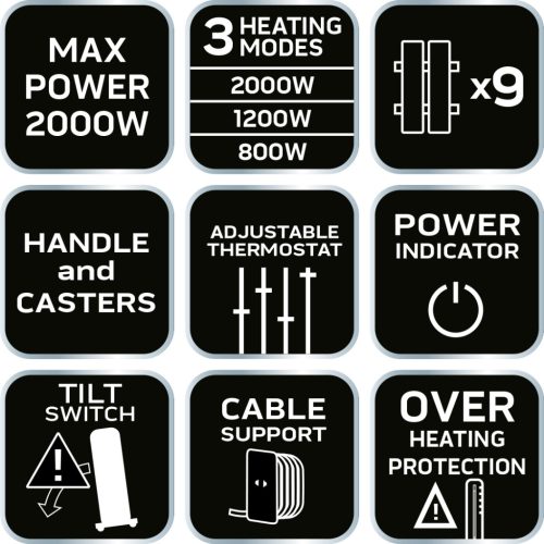 Olajradiátor, 9 bordás, 2 fokozatú, 1200/2000W