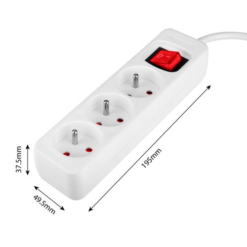 Hálózati elosztó, kapcsolós, 3 aljzat, 1,5m/ 3x1,5mm2 kábel, fehér