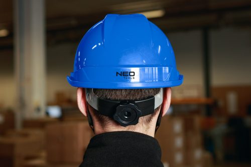 Védősisak állszíjjal, kék