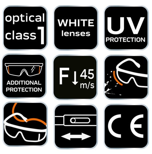 Védőszemüveg, víztiszta lencsékkel, állítható szárral