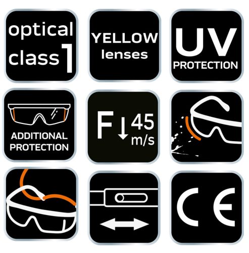 Védőszemüveg, sárga lencsékkel, állítható szárral