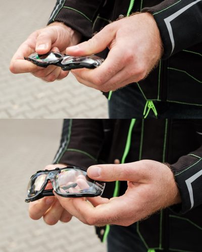 Védőszemüveg, polifoam porvédő peremmel, víztiszta lencsékkel, f osztályú ellenállósági osztályú