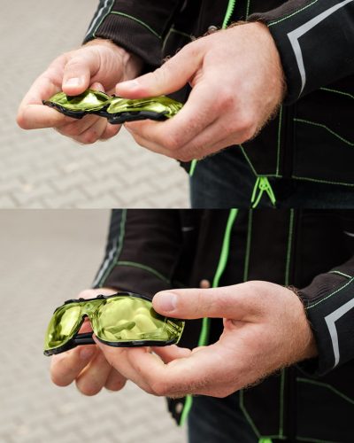 Védőszemüveg, polifoam porvédő peremmel, sárga lencsékkel, f osztályú ellenállósági osztályú