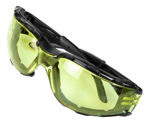 Védőszemüveg, polifoam porvédő peremmel, sárga lencsékkel, f osztályú ellenállósági osztályú