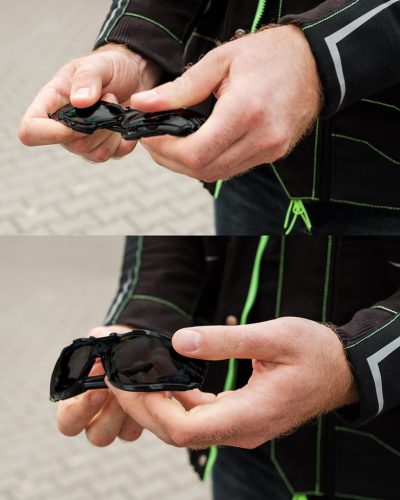 Védőszemüveg, polifoam porvédő peremmel, sötétített lencsékkel, f osztályú ellenállósági osztályú