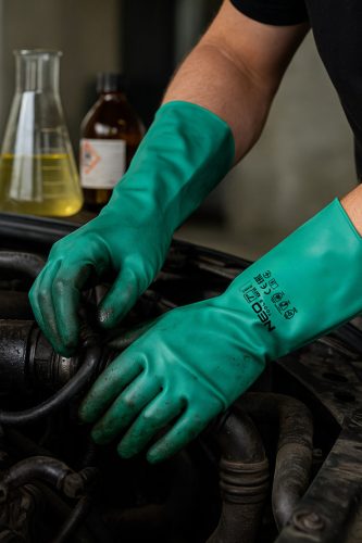 Munkakesztyű, vegyszerálló nitril, hosszú szárral, 10"