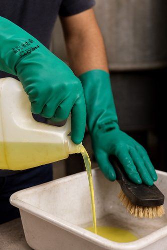 Munkakesztyű, vegyszerálló nitril, hosszú szárral, 7"