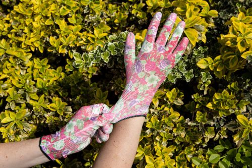 Kertész kesztyű,PU bevonat, rózsamintás, 9"