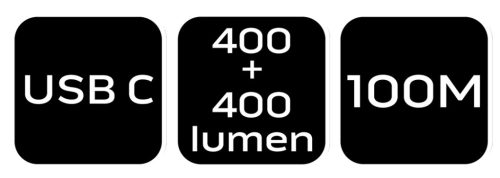 Fejlámpa, XPG+COB LED, 400lum fényerő, abs és gumi pánt, beépített akku, töltéskijelző