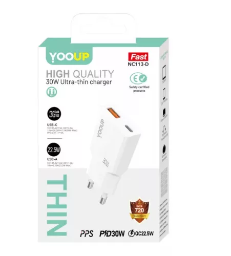 YOOUP 30W Ultra vékony - Dupla hálózati töltő (USB/TYPE-C PD)