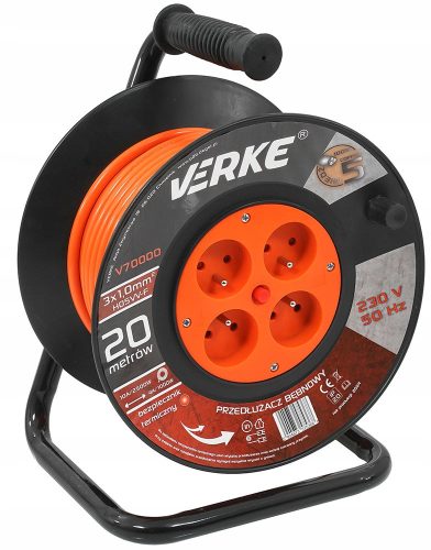 Verke V70000 hosszabbító kábel orsón – 20m, 4 aljzattal, hővédelemmel, H05VV-F szigeteléssel